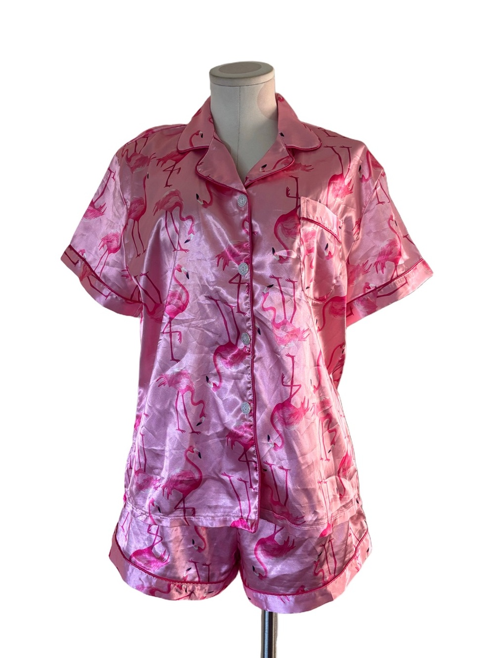 Pink Flamingo Satin Pajama Set Short Sleeve Button Front Top & Shorts - large